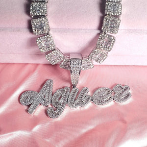 Cursive Iced Out Letter Name Pendant Necklace with Rhinestone Zirconia Chain