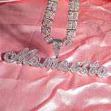 Cursive Iced Out Letter Name Pendant Necklace with Rhinestone Zirconia Chain