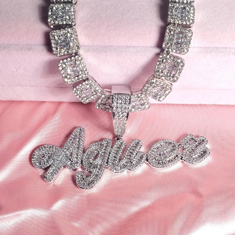 Cursive Iced Out Letter Name Pendant Necklace with Rhinestone Zirconia Chain