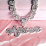 Cursive Iced Out Letter Name Pendant Necklace with Rhinestone Zirconia Chain