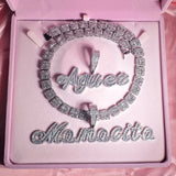 Cursive Iced Out Letter Name Pendant Necklace with Rhinestone Zirconia Chain