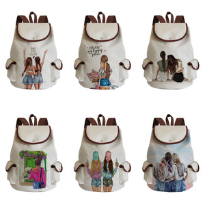 Cartoon Girlfriends Sisters Print Linen Women Backpack