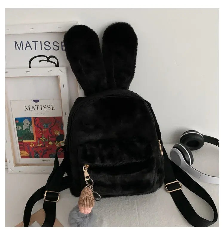 Girls Bear Ears Plush Mini Backpack Faux Fur Women Bag