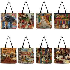 Oil Painting Cat Print Tote Bag - Eco Reusable Shopping Bag