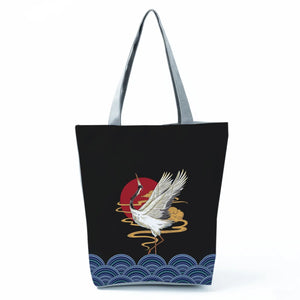 Japanese Tote Crane Print Shoulder Bag Handbag Travel Reusable