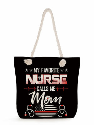 Nurse Print Shoulder Bag Eco Linen Handbag Big Size Tote