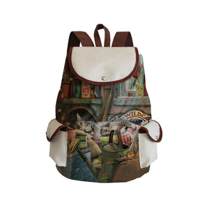 Oil Painting Cat Print Women's Backpack High Capacity Linen Backpack