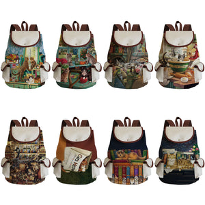 Oil Painting Cat Print Women's Backpack High Capacity Linen Backpack