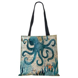 Seahorse Turtle Octopus Print Tote Bag for Women