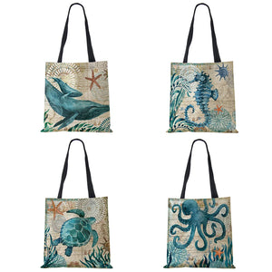 Seahorse Turtle Octopus Print Tote Bag for Women