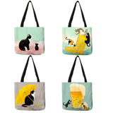 Cartoon Cat Print Tote Bag for Women Reusable Shopping Bags