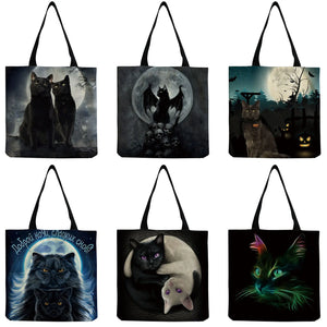 Moon Cat Print Tote Bag Women Casual Handbag High Capacity Foldable