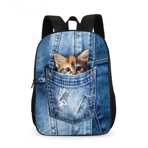 3D Animal Denim Pocket Cat Kitten Print School Backpack