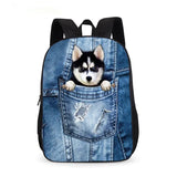 3D Animal Denim Pocket Cat Kitten Print School Backpack