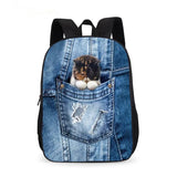 3D Animal Denim Pocket Cat Kitten Print School Backpack
