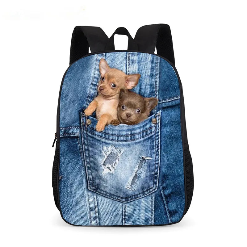 3D Animal Denim Pocket Cat Kitten Print School Backpack