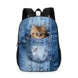 3D Animal Denim Pocket Cat Kitten Print School Backpack