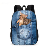 3D Animal Denim Pocket Cat Kitten Print School Backpack