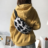 Women Cow Print Plush Waist Fanny Pack Pouch Travel Hip Bum Shoulder Bags