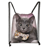 Cat Print Drawstring Bag Women Natural Backpack