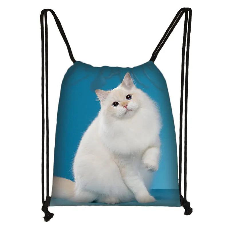 Cat Print Drawstring Bag Women Natural Backpack
