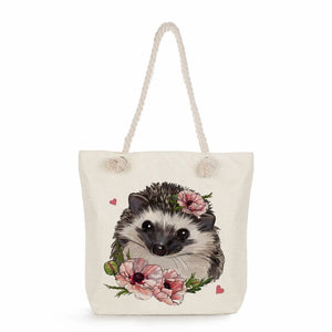 Hedgehog Flower Print Tote Bag High Capacity Shoulder Bag