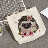 Hedgehog Flower Print Tote Bag High Capacity Shoulder Bag