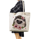 Hedgehog Flower Print Tote Bag High Capacity Shoulder Bag