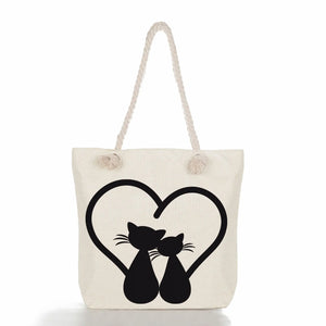 Cat Print Linen Tote Bag Eco Shopping Beach Travel Bag