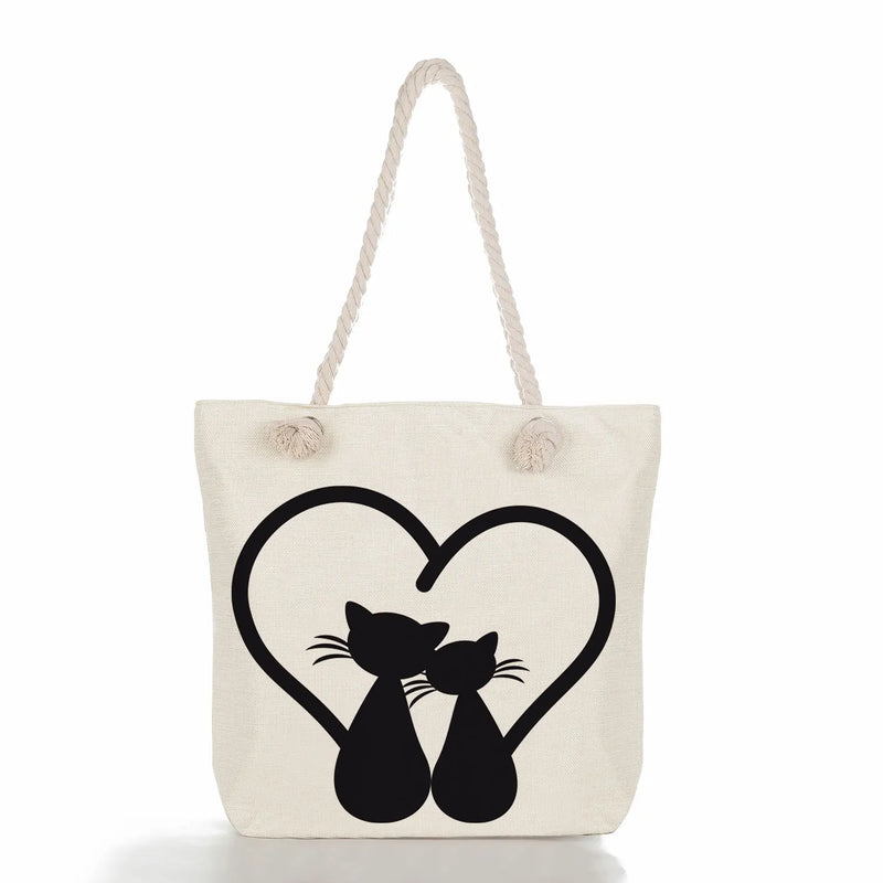 Cat Print Linen Tote Bag Eco Shopping Beach Travel Bag
