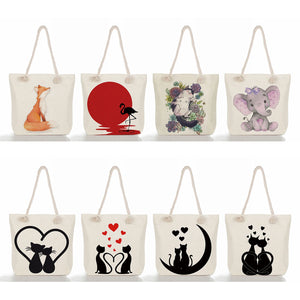 Cat Print Linen Tote Bag Eco Shopping Beach Travel Bag