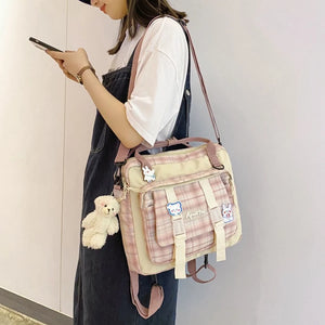 Japanese School Backpack with Bear Plush Pin