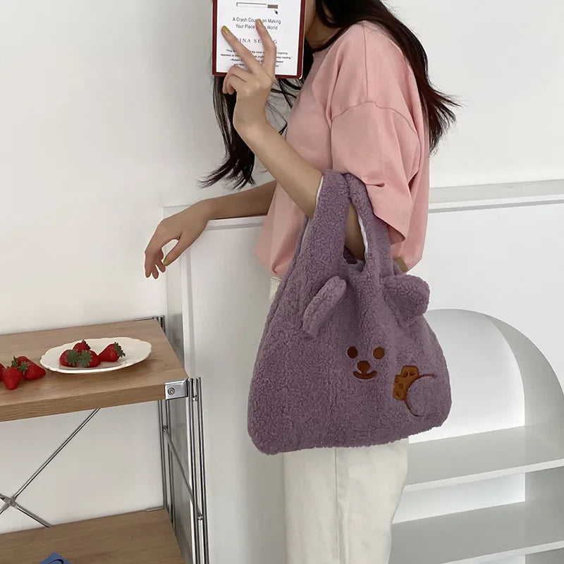 Winter Cartoon Plush Embroidery Wrist Bag for Girls
