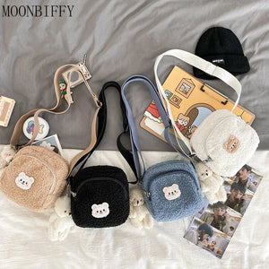 Bear Messenger Bag Women Plush Mobile Phone Bags Girls Small Shoulder Bag