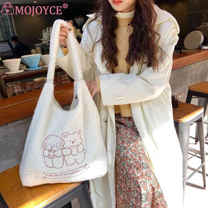 Large Capacity Bear Plush Underarm Bag Embroidered Shoulder Handbag