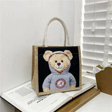 Bear Print Linen Shoulder Handbag Xmas Casual Top-handle Gift Bag