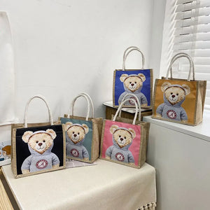 Bear Print Pendant Handbag Linen Canvas Top-handle Gift Bag