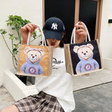 Bear Print Pendant Handbag Linen Canvas Top-handle Gift Bag