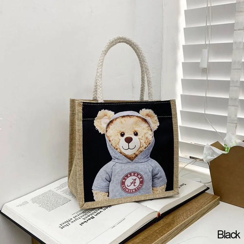 Bear Print Pendant Handbag Linen Canvas Top-handle Gift Bag