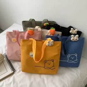 Bear Women Canvas Zipper Bag Preppy Style Student Tote Shoulder Messenger Bag