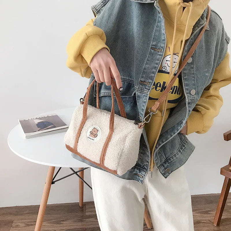 Bear Women Boston Bag Woolen Corduroy Shoulder Bag Handbag Plush Crossbody Bags