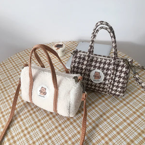 Bear Women Little Boston Bag Woolen Corduroy Shoulder Bag Small Handbag