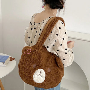 Brown Bear Lamb Fabric Shoulder Tote Bag Soft Handbags