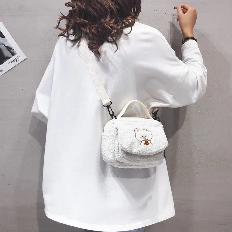 Embroidered Mini Crossbody Bag for Women, Plush Shoulder Bag