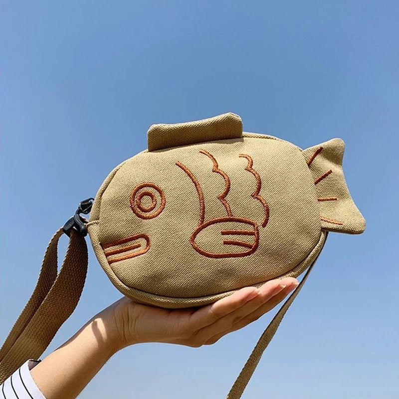 Embroidered Fish Shape Messenger Bag Zippered Crossbody Purse