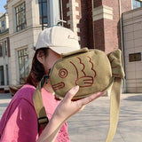 Fish Embroidery Canvas Messenger Bag Zippered Mini Crossbody