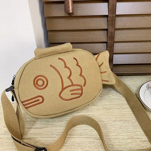 Fish Embroidery Canvas Messenger Bag Zippered Mini Crossbody