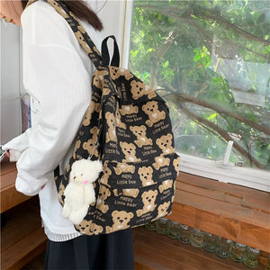 Cute Cartoon Bear Pattern Women Backpacks Soft Canvas School Bag