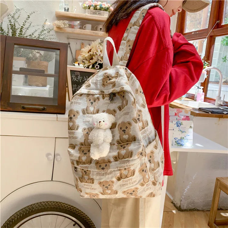 Cute Cartoon Bear Pattern Women Backpacks Soft Canvas School Bag