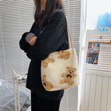 Fluffy Bear Plush Tote Bag Soft Winter Shoulder Handbag